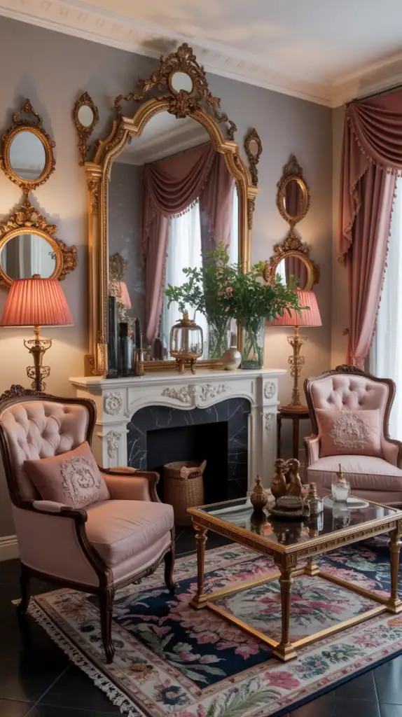 Elegant Victorian living room with ornate mirrors and classic furnishing.