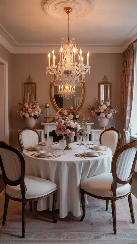 Elegant Victorian dining room setup with round table, fine china, and chandelier.