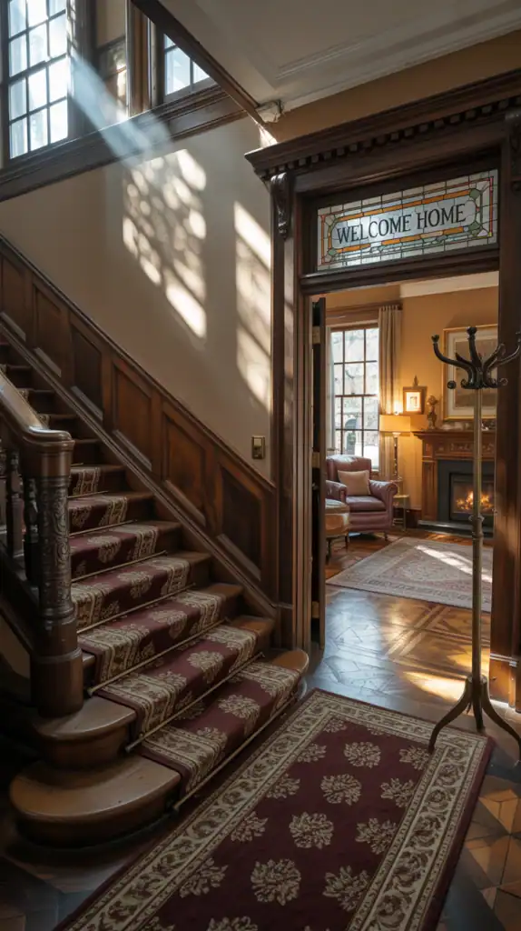 A beautifully decorated Victorian foyer leading to a cozy living room.