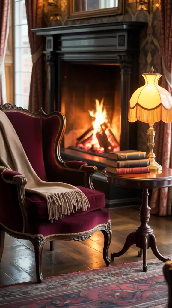 A cozy Victorian-style living room featuring vintage decor, a fireplace, and warm wooden accents.