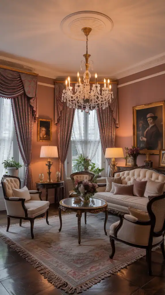 A stylish Victorian living room with elegant furniture and a chandelier.