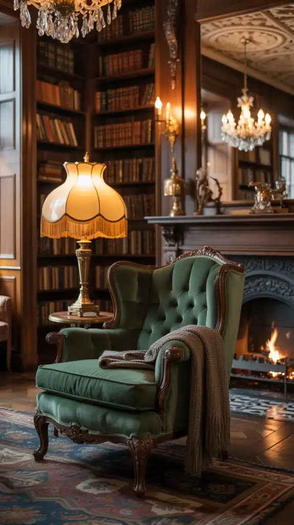 A cozy Victorian living room with layered lighting, featuring a chandelier and table lamps.