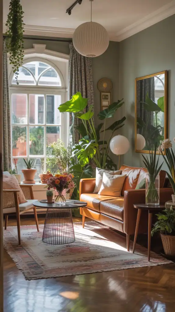 A cozy Victorian living room filled with plants and natural light.