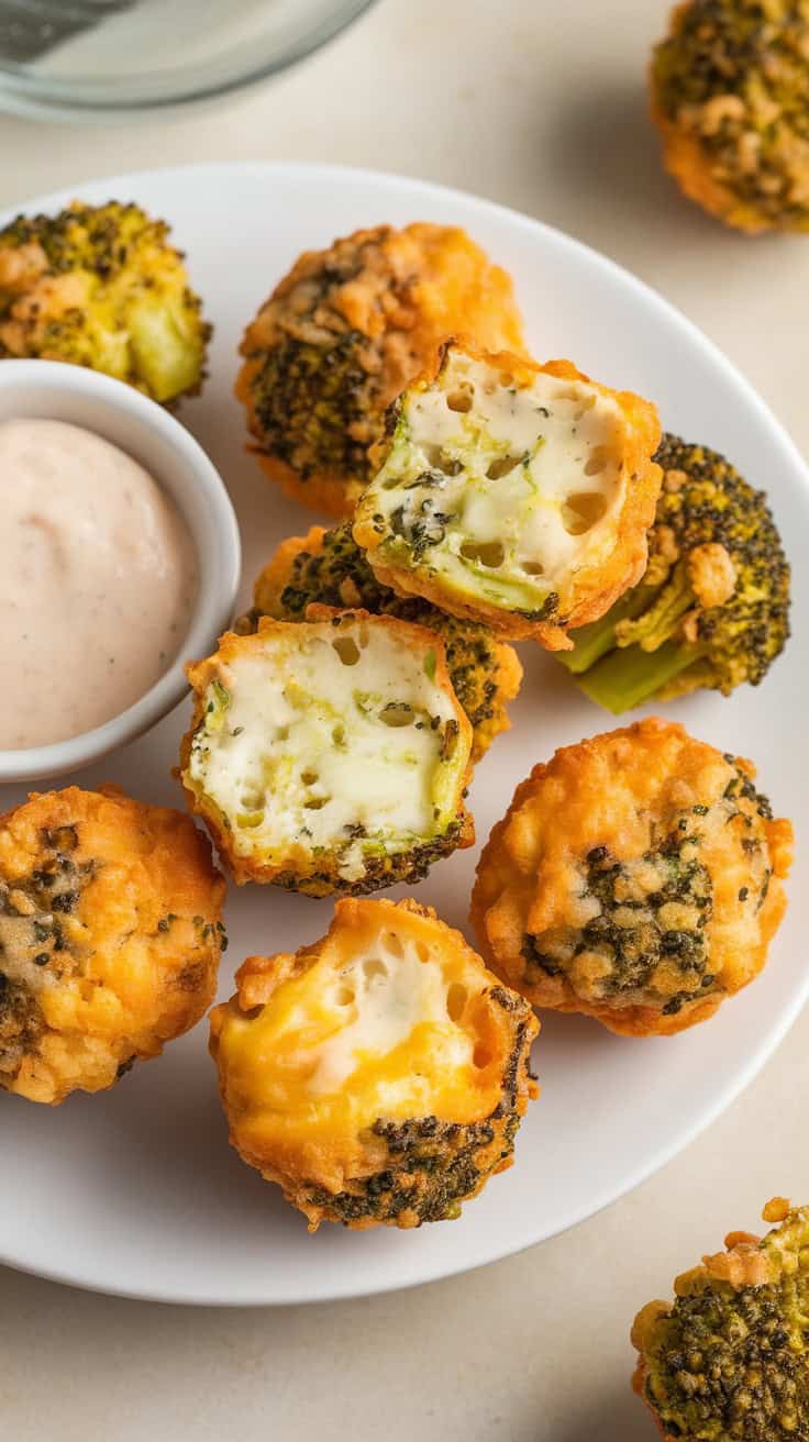 Plate of air fryer broccoli and cheese bites with a dipping sauce