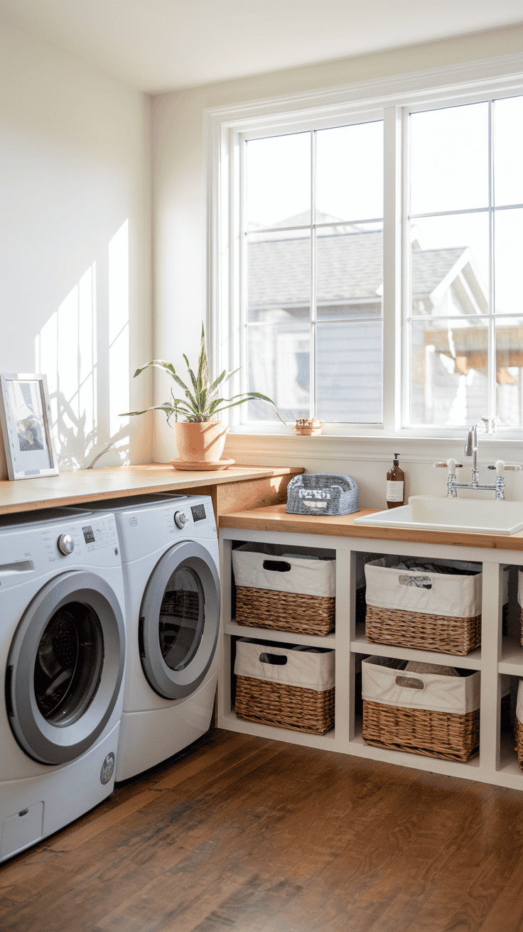 A photo of a modern farmhouse laundry room with a large window allowing bright, natural light to stream in. There's a washer and dryer, a sink, and a countertop with baskets. The floor is hardwood. A potted plant and a few decorative items are placed on the countertop. The walls are painted white.