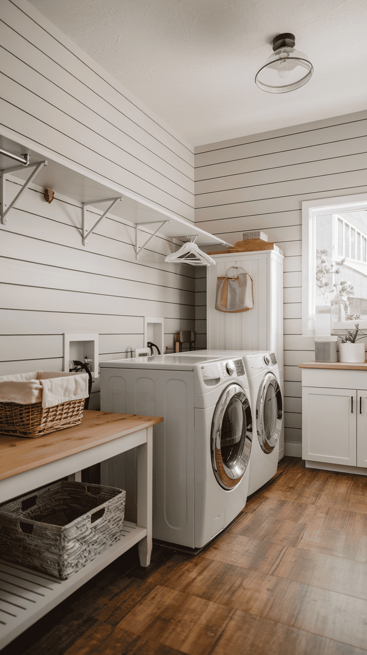 A cozy laundry room with slatted wood walls and modern appliances.