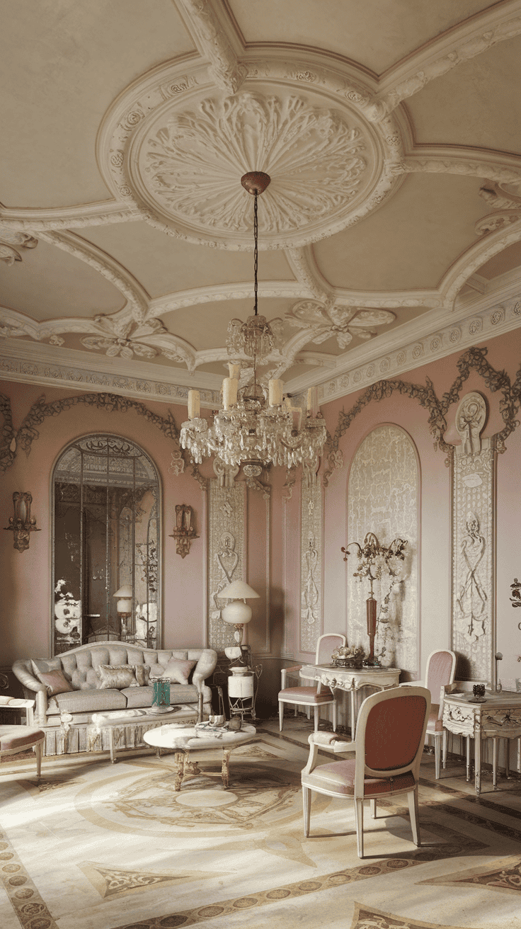 A Rococo style living room featuring ornate ceiling, elegant chandelier, rich color palette, and classical portraits.