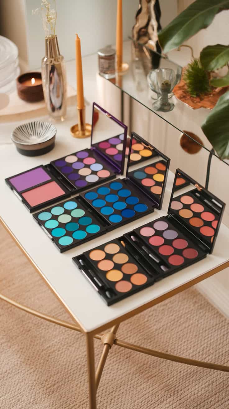 Aesthetic display of various makeup palettes on a table with decorative items