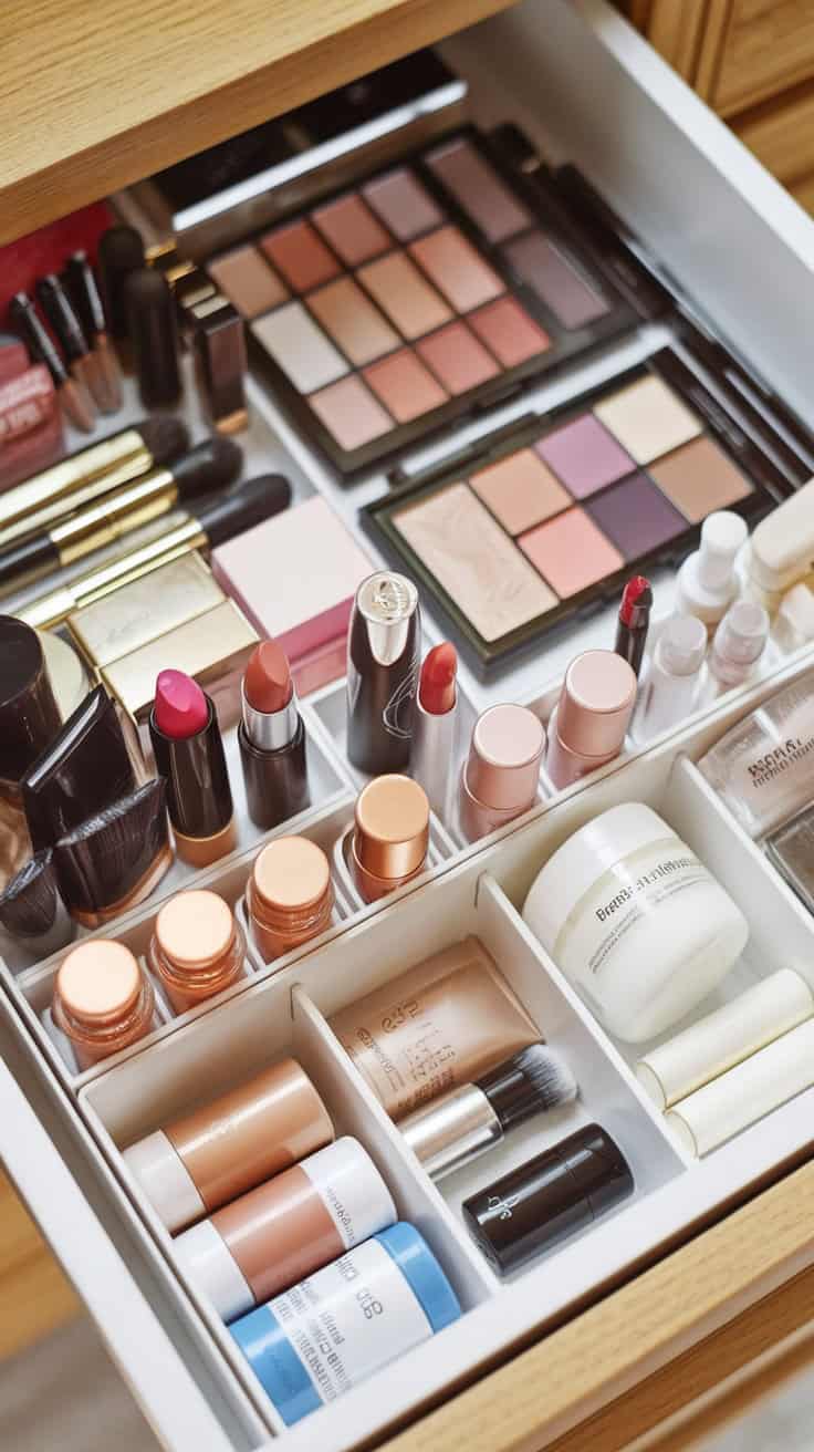Organized makeup drawer with various cosmetics and skincare products organized in compartments.