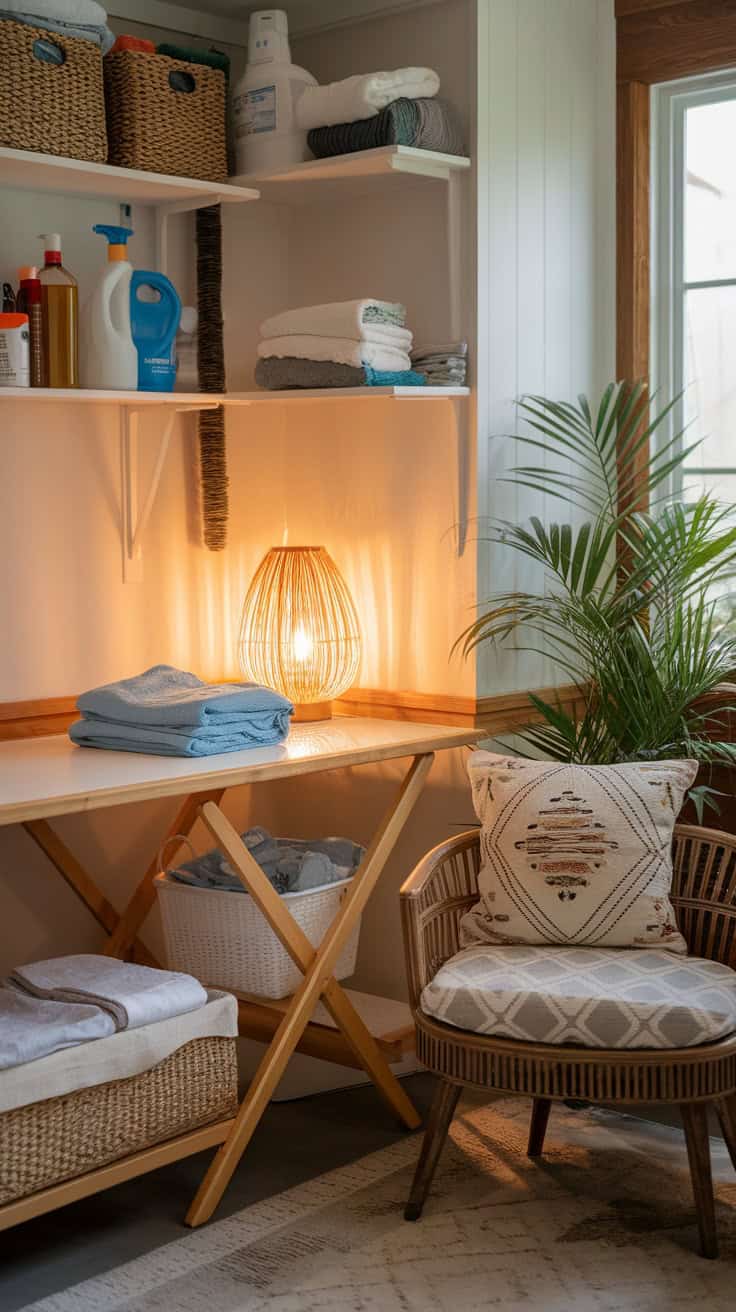 Cozy laundry room nook with folding table, lamp, plants, and organized storage.