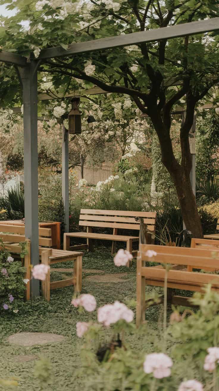 A serene garden seating area with wooden benches surrounded by greenery and flowers.
