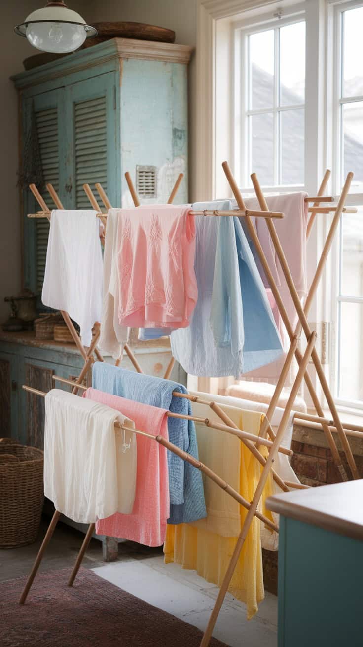 Wooden drying rack with colorful clothes in a bright farmhouse laundry room