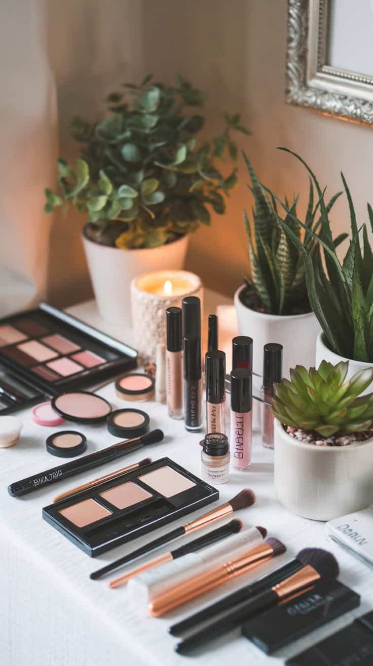 A makeup table featuring decorative plants, candles, and various makeup products arranged neatly.