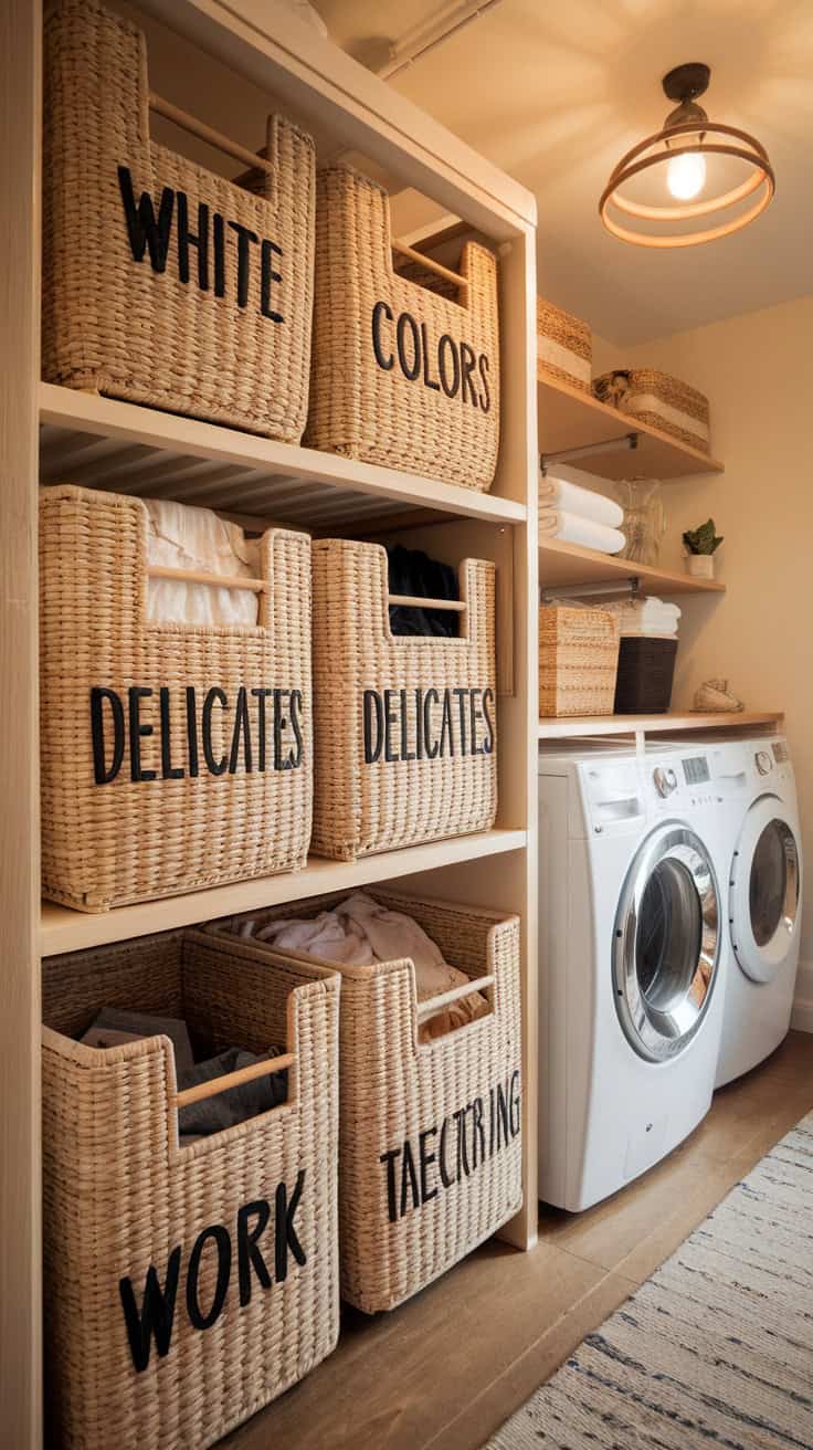 Laundry room with labeled storage baskets for sorting clothes