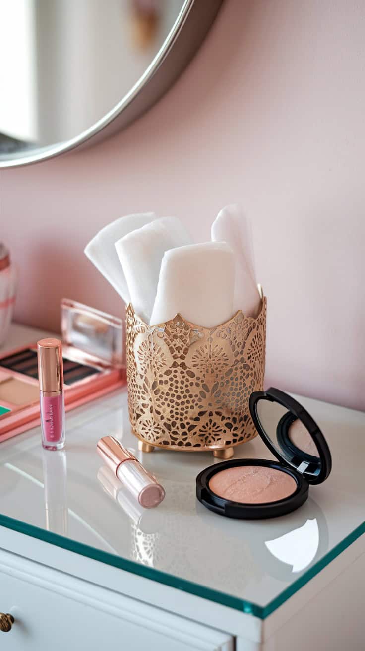 A decorative gold holder containing cotton pads, placed on a makeup table with other beauty products.