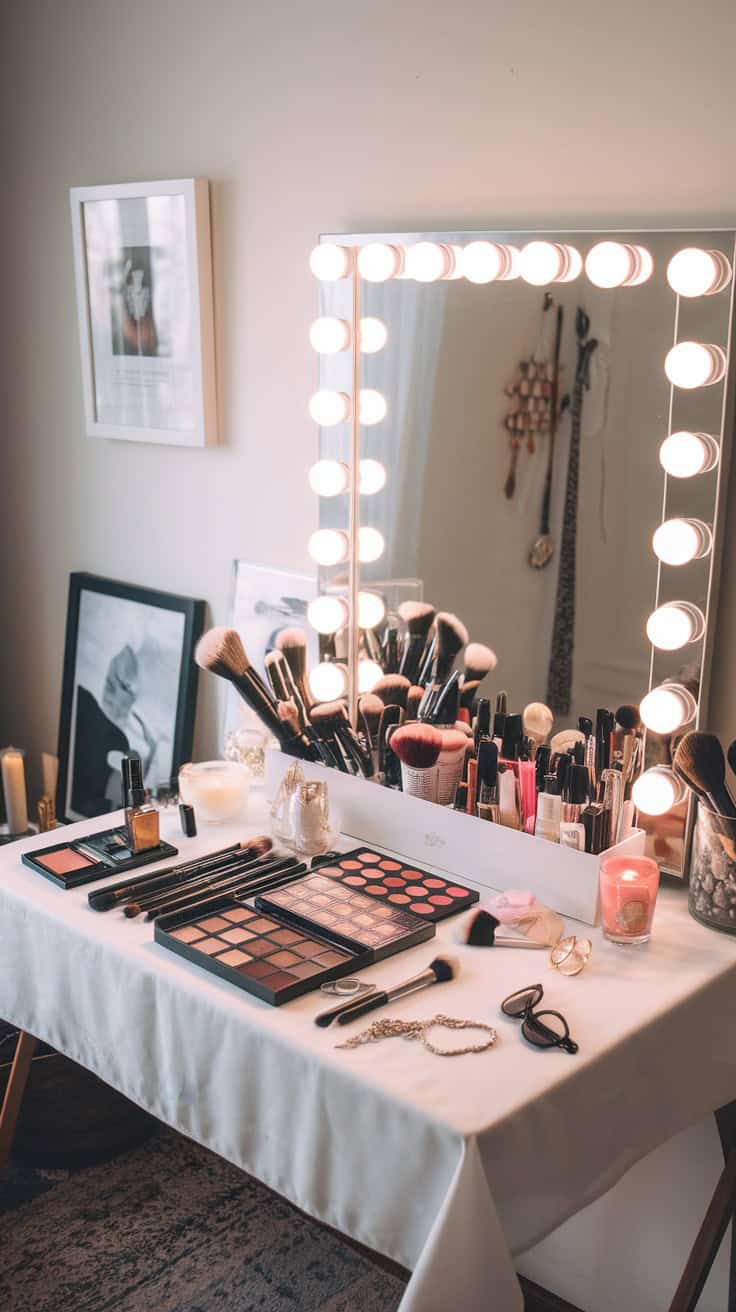 A makeup table featuring an elegant vanity mirror with LED lights, surrounded by various makeup products and brushes.