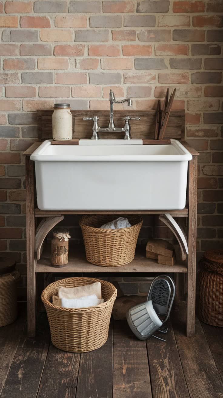 A farmhouse sink with vintage faucet and wooden shelving, surrounded by woven baskets, set against a brick wall.