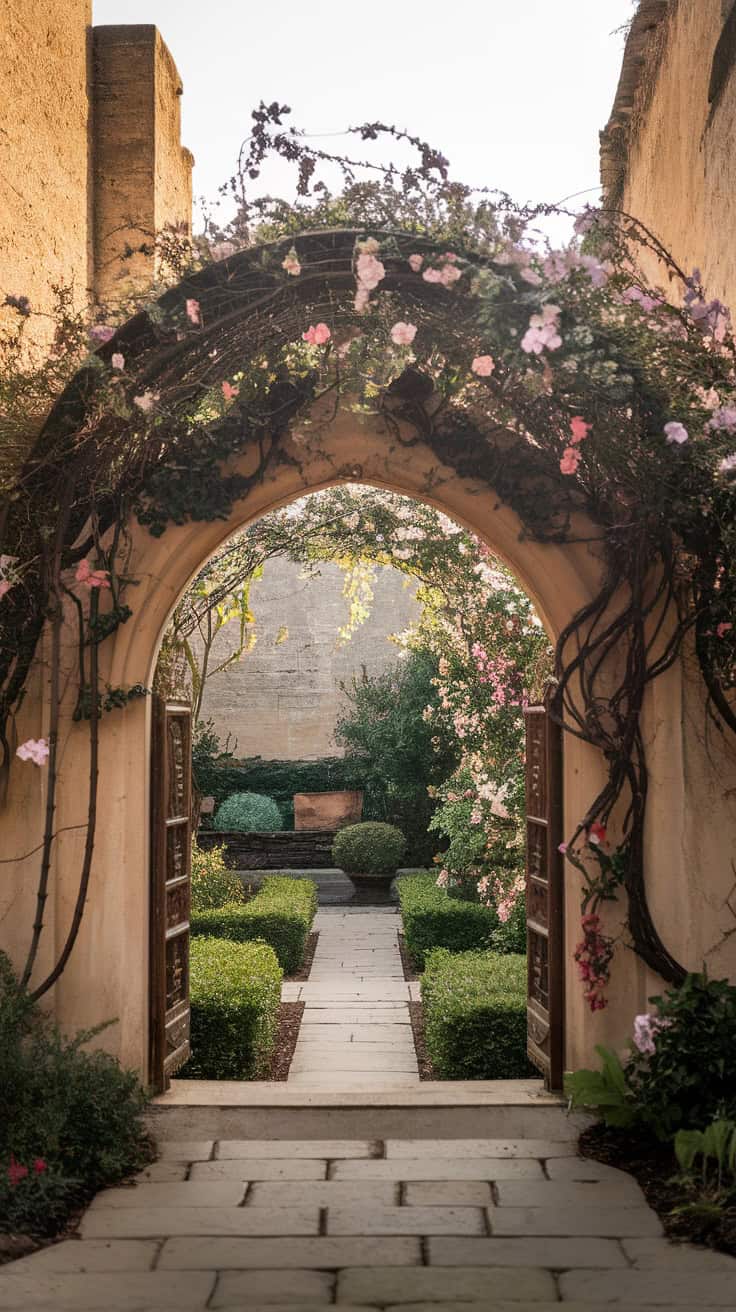 A beautiful floral arch adorned with pink flowers, leading into a lush garden.