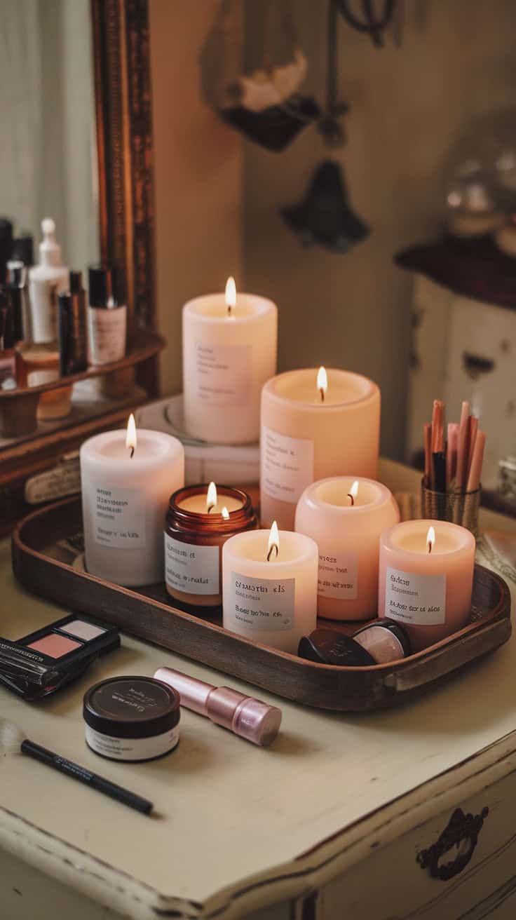 A cozy makeup table featuring various scented candles arranged on a wooden tray, with makeup products scattered around.