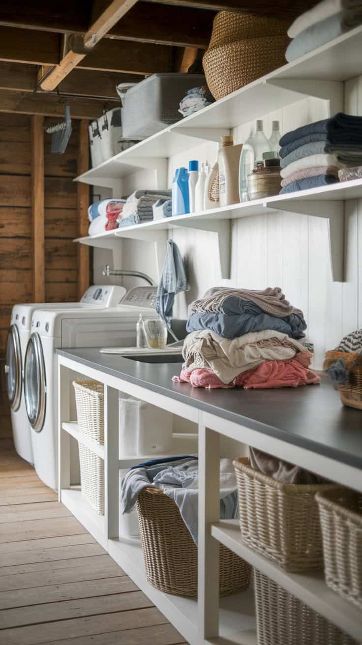 A spacious laundry room featuring multi-use countertops, organized storage, and neatly stacked towels.