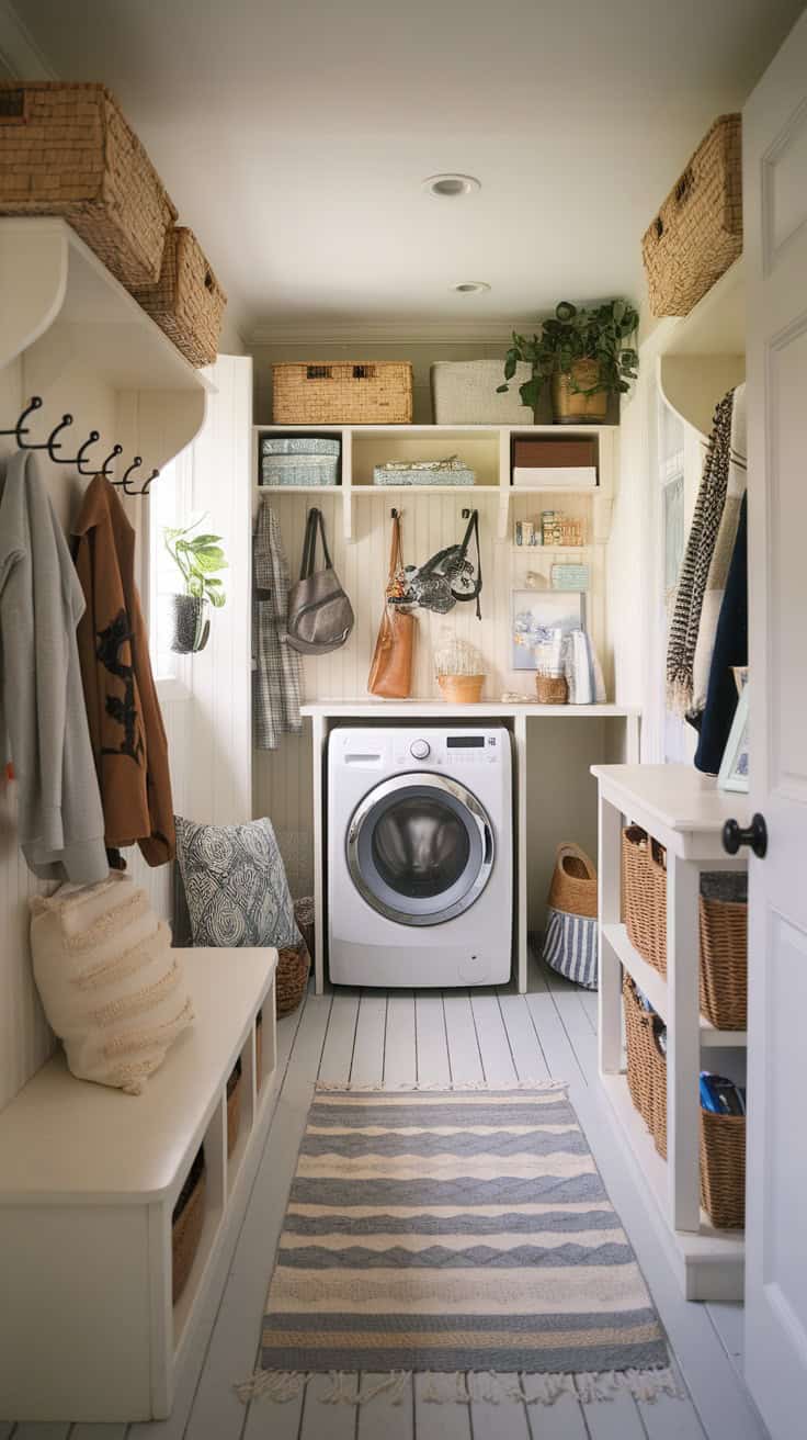 Functional mudroom-laundry room with washing machine, hooks for coats, and storage baskets