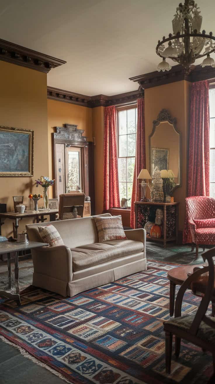 A modern Victorian living room with a cozy sofa, vintage chairs, and colorful curtains.