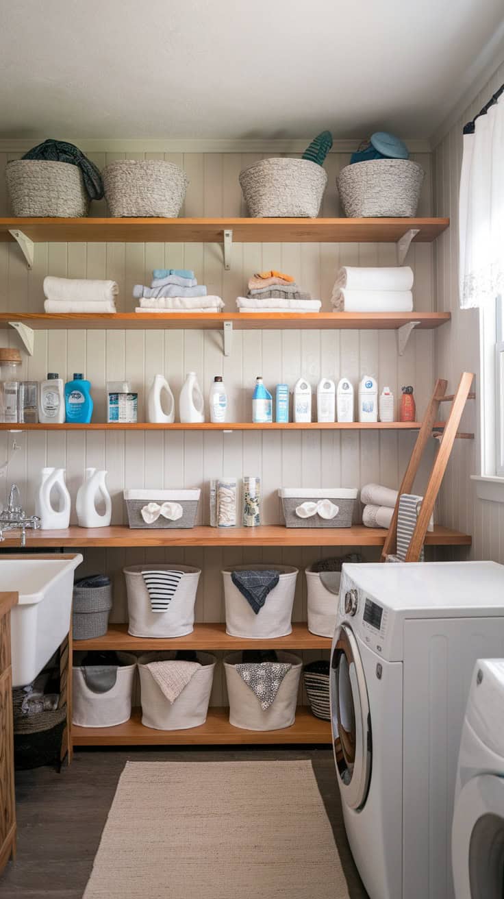 A modern farmhouse laundry room featuring open shelving with neatly arranged towels, laundry detergents, and woven baskets.