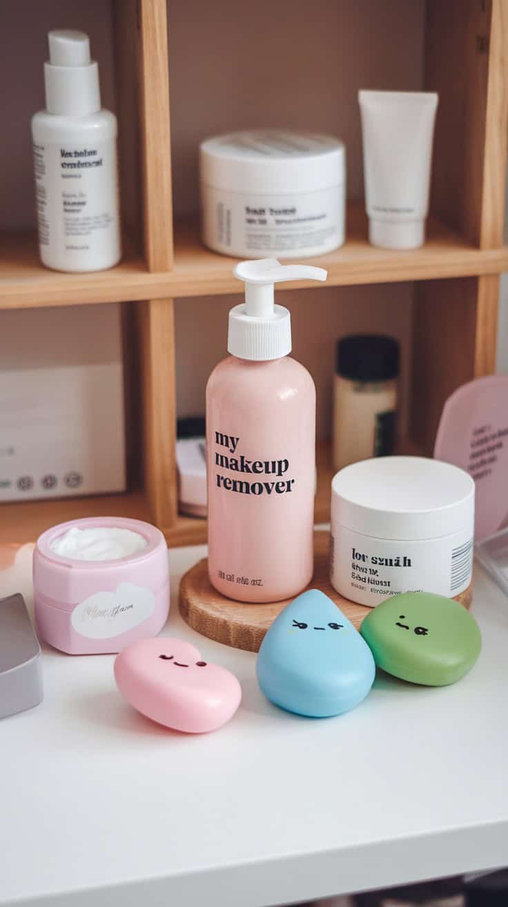 A personalized makeup remover station featuring a pink makeup remover bottle, colorful containers, and other beauty products organized on a shelf.