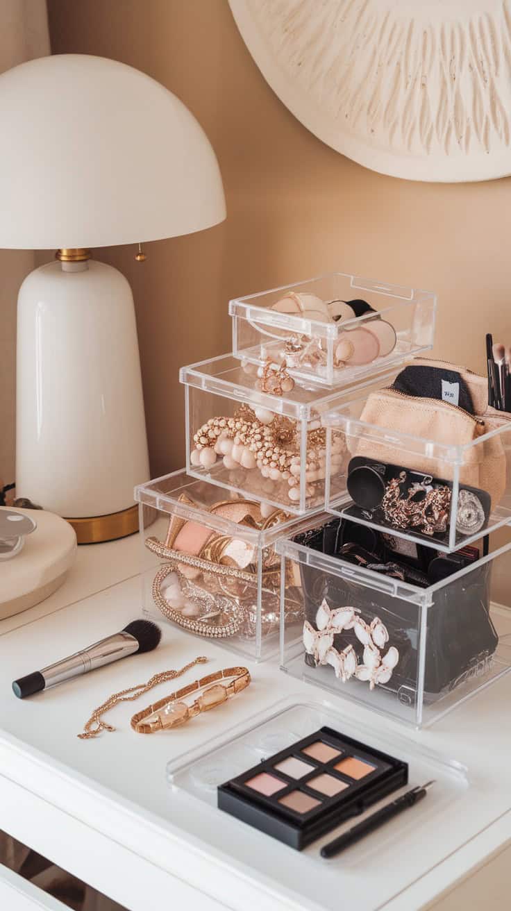 Acrylic storage boxes filled with accessories like jewelry and makeup brushes on a stylish makeup table.