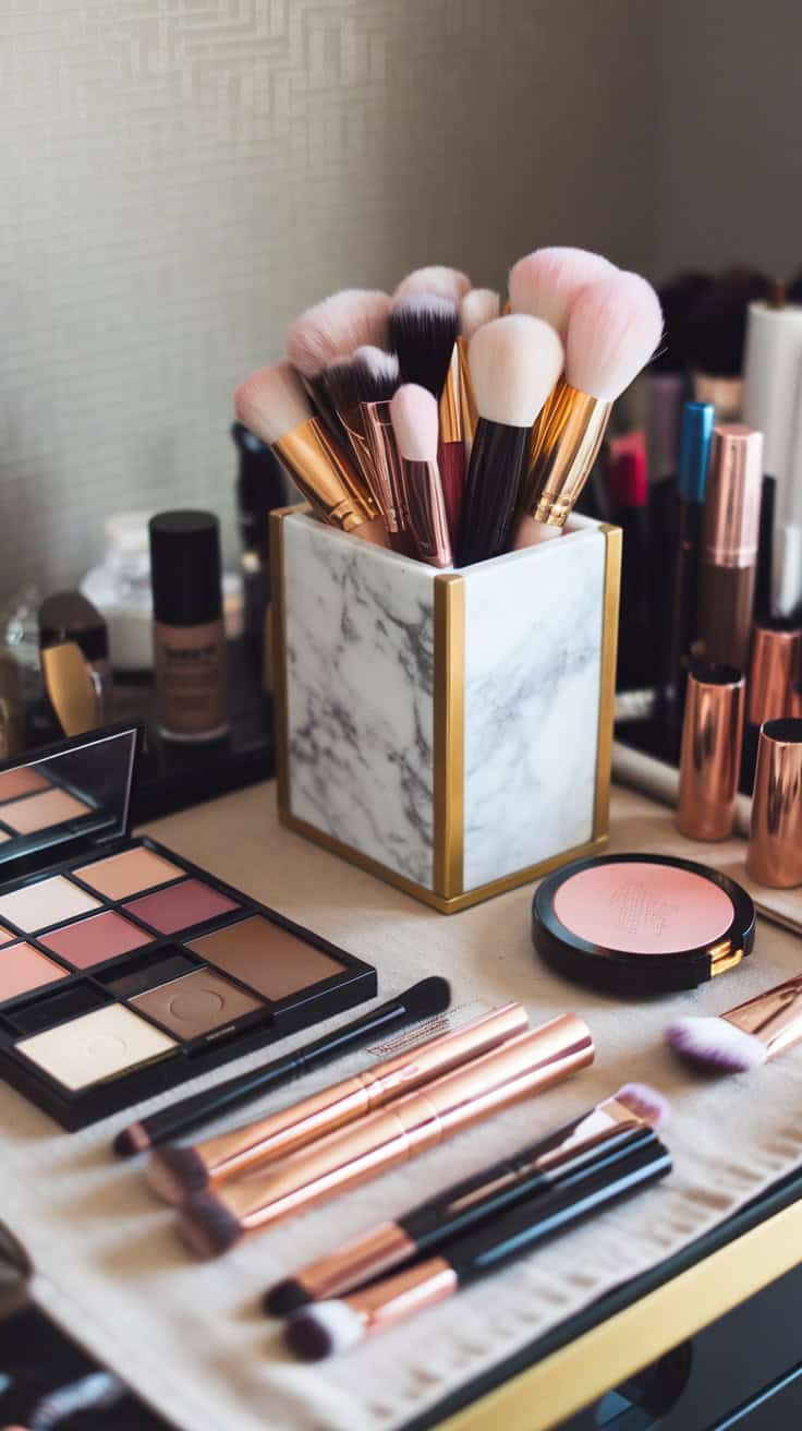 A stylish makeup brushes holder made of marble with gold accents, filled with various makeup brushes.