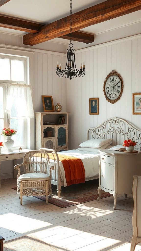 A vintage-inspired white bedroom featuring soft walls, wooden beams, a wrought iron bed, and decorative vintage items.