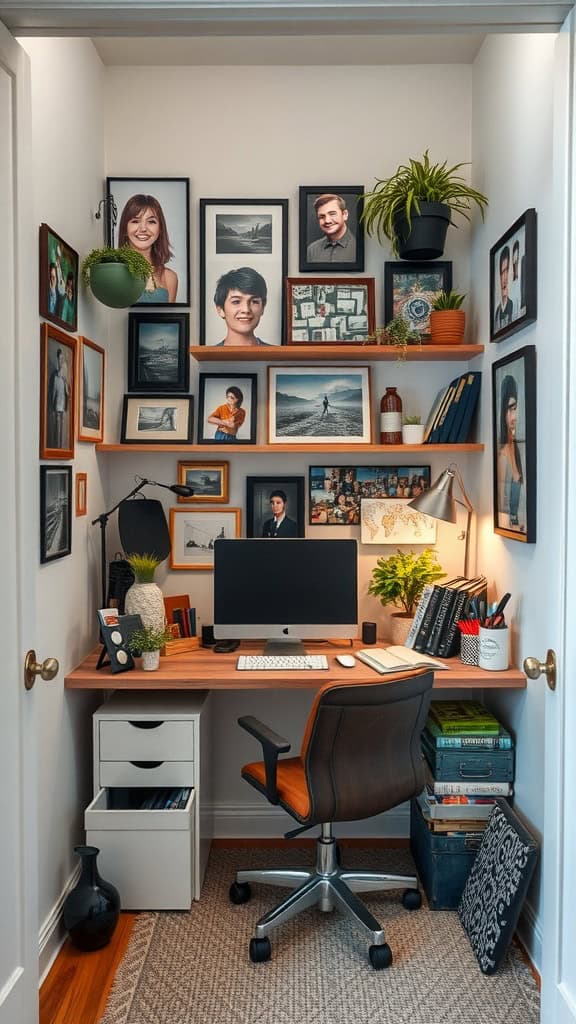 A cozy home office setup featuring a desk with a computer, framed photos on the wall, and a comfortable chair.