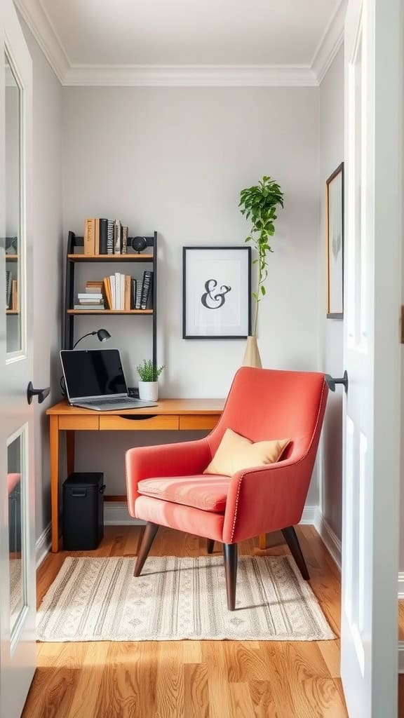 A cozy home office featuring a vibrant red statement chair, a wooden desk, and a simple bookshelf.