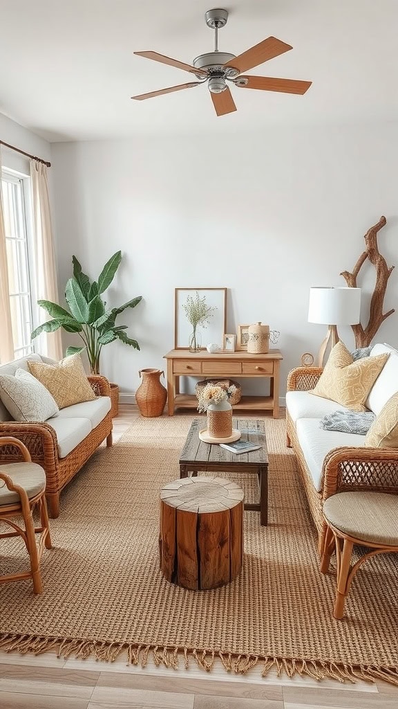 A cozy beach-inspired living room featuring rattan furniture, natural textures, and greenery.