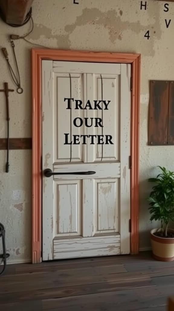 A repurposed door turned into wall art with the text 'TRAKY our LETTER' displayed.