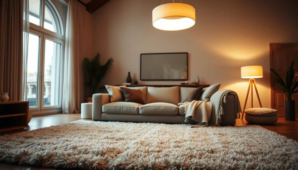 A cozy living room with a plush, patterned rug defining the seating area. Soft, ambient lighting from a modern pendant fixture casts a warm glow, complementing the neutral color palette. Throw pillows and a cozy blanket add textural interest. In the background, floor lamps flank a large, airy window, allowing natural light to filter in. The room has a harmonious, inviting atmosphere, with the rug and lighting working together to create distinct zones within the open space.