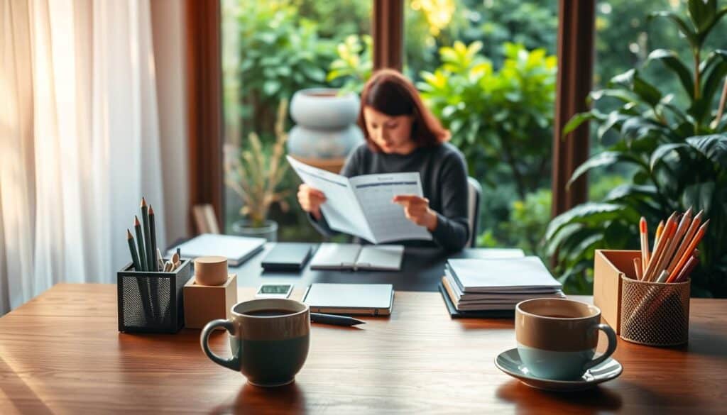 A serene workspace with a wooden desk, a desk organizer, and a cup of coffee sits in the foreground. In the middle ground, a person sits at the desk, intently reviewing a schedule and making notes. The background features a window overlooking a lush, verdant garden, with warm, natural lighting filtering in. The overall scene conveys a sense of focus, productivity, and a balanced approach to time management. A serene workspace with a wooden desk, a desk organizer, and a cup of coffee sits in the foreground. In the middle ground, a person sits at the desk, intently reviewing a schedule and making notes. The background features a window overlooking a lush, verdant garden, with warm, natural lighting filtering in. The overall scene conveys a sense of focus, productivity, and a balanced approach to time management.