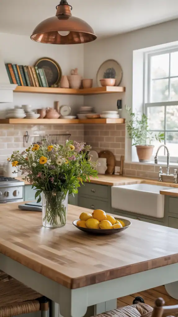 Modern farmhouse kitchen with a neutral subway tile backsplash and wooden shelves.