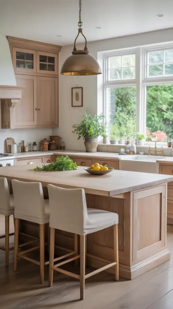 Modern farmhouse kitchen with a large central island, wooden cabinetry, and seating