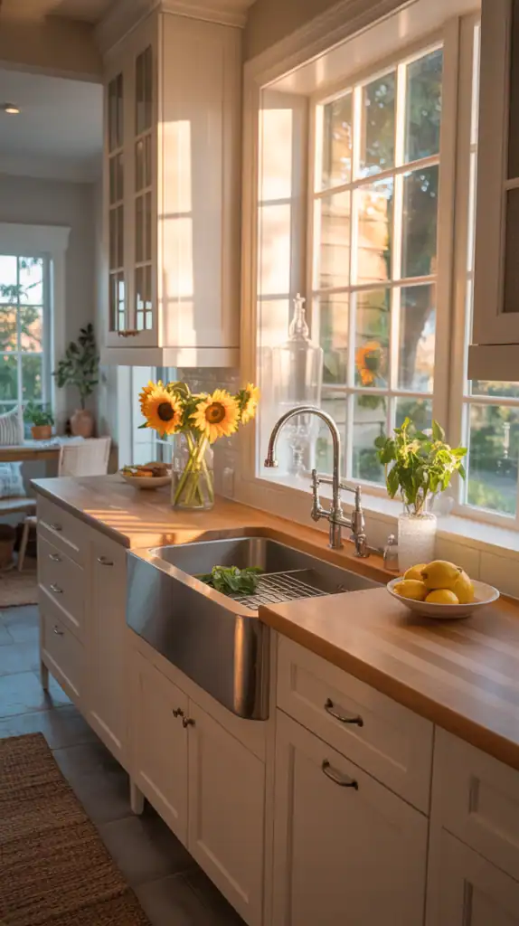 A bright and airy modern farmhouse kitchen featuring white cabinets, wood countertops, and plenty of natural light.