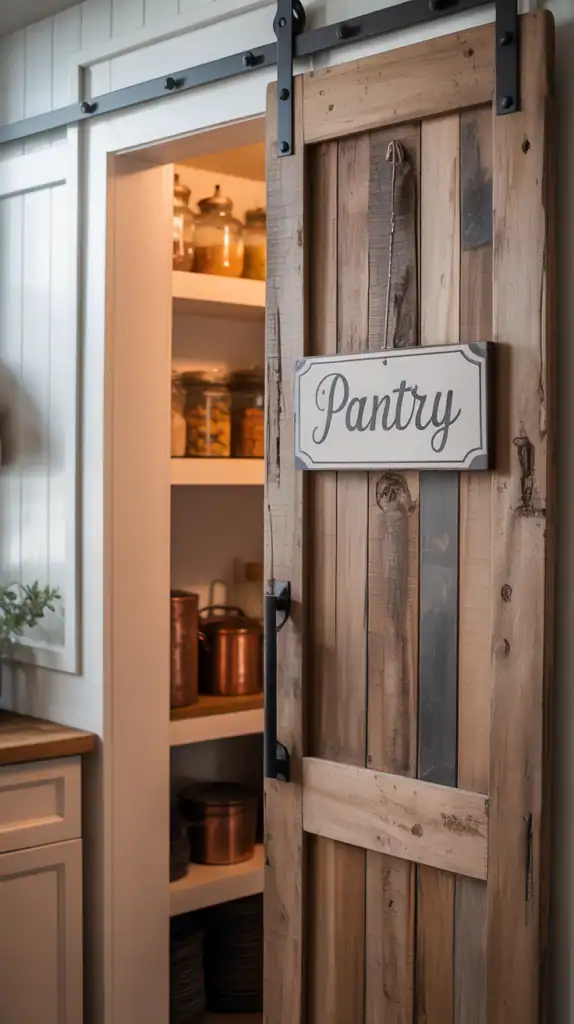 A rustic wooden pantry door with a sliding mechanism and a decorative sign, set in a modern farmhouse kitchen.