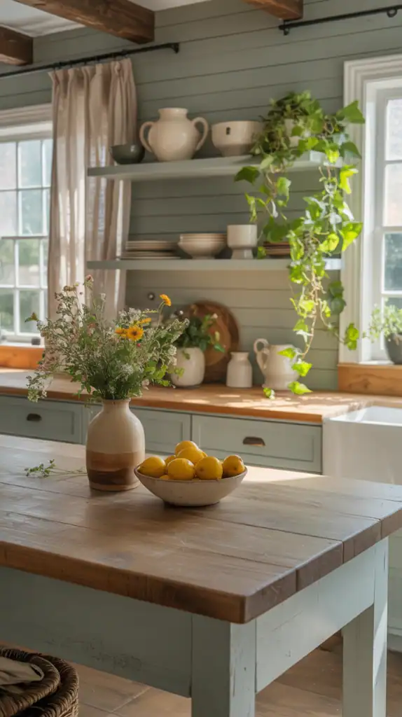 A modern farmhouse kitchen featuring earthy textures and soft fabrics, with wooden elements, plants, and a cozy atmosphere.