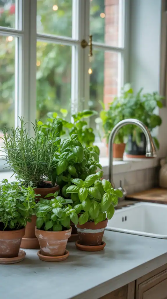 Indoor kitchen with an herb garden featuring multiple potted plants on a countertop
