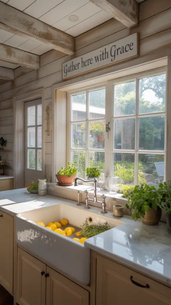 Open concept modern farmhouse kitchen with wooden beams and light-colored decor.