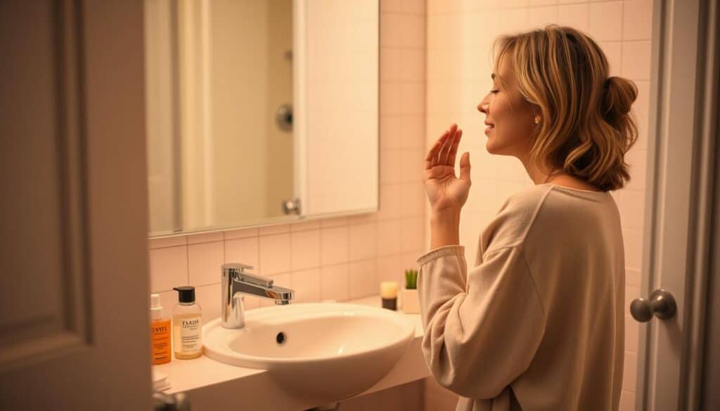 Woman practicing evening skincare routine as part of self-care