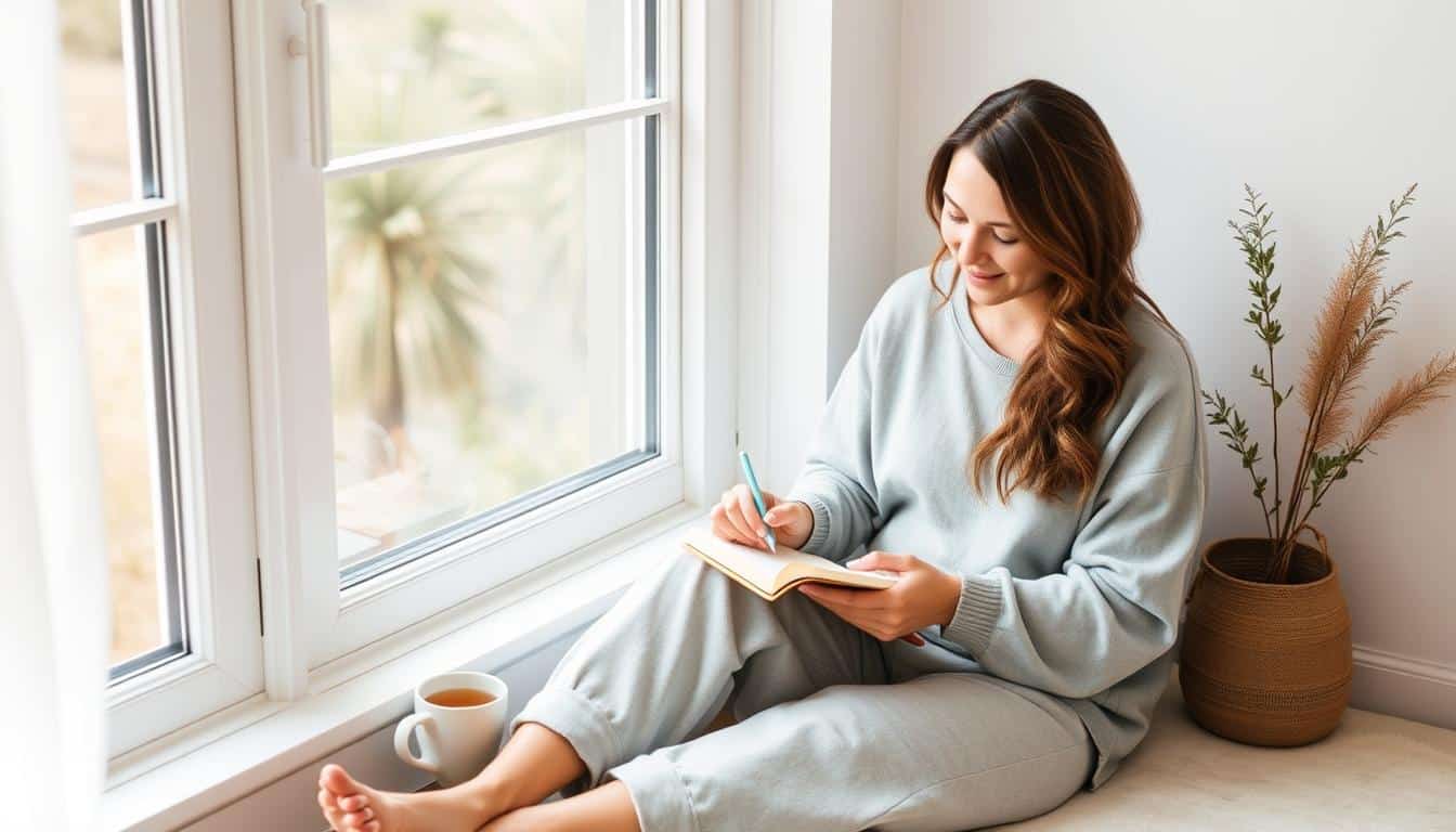 Woman practicing quick morning self-care routine with journal and tea