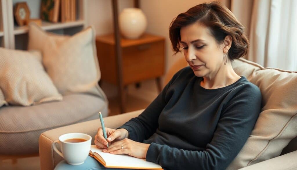 Woman reflecting on self-care progress in journal with cup of tea