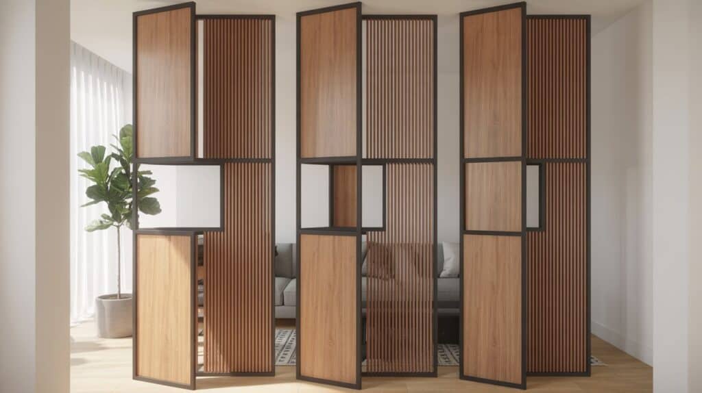 A contemporary modular partition room divider, composed of natural wood panels and metallic frames, creating a semi-structural, open-concept layout. The divider stands tall, with clean lines and a minimalist aesthetic, seamlessly blending into the living space. Soft, diffused lighting filters through the partitions, evoking a warm, inviting ambiance. The angle captures the divider's versatility, showcasing how it can effortlessly divide a room without the permanence of a traditional wall. Subtle shadows and highlights accentuate the materials' textures, adding depth and visual interest to the scene.