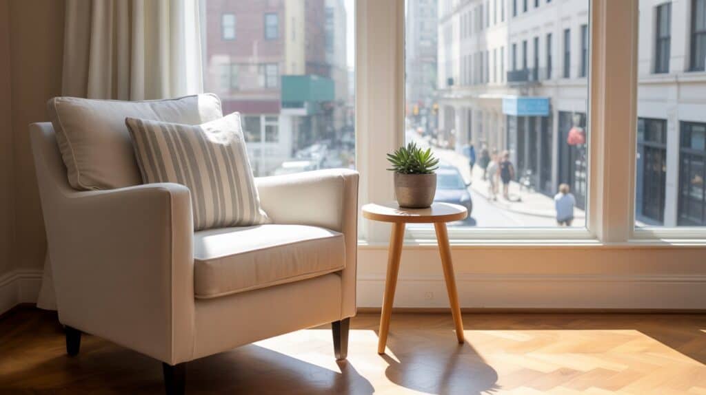 A photograph of a cozy, minimalist apartment interior featuring a large window overlooking a bustling city street. A comfortable armchair upholstered in cream-colored linen sits in the foreground, adorned with a single throw pillow patterned with muted grey stripes, and a small wooden side table with a single potted succulent. Soft, diffused sunlight streams through the window, illuminating the polished hardwood floors and highlighting the clean lines of the minimalist decor. The room exudes a sense of calm and understated elegance.