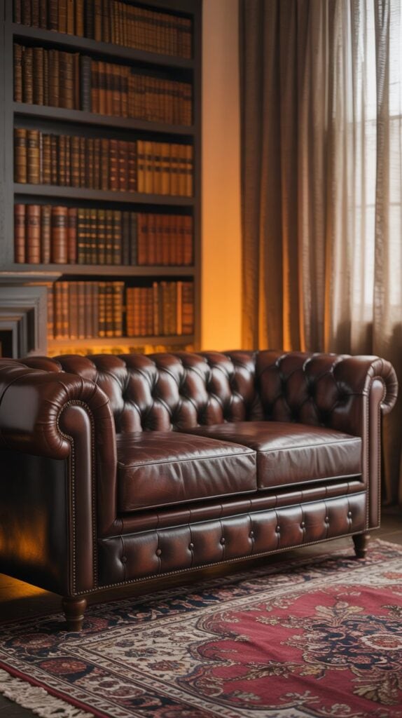 A chic Chesterfield sofa in rich brown leather, paired with a traditional area rug in a stylish living room.